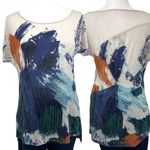 BCBGMAXAZRIA Axel Tee Mesh Panel Water Color Top Beige Blue Orange Medium M - Picture 1 of 17